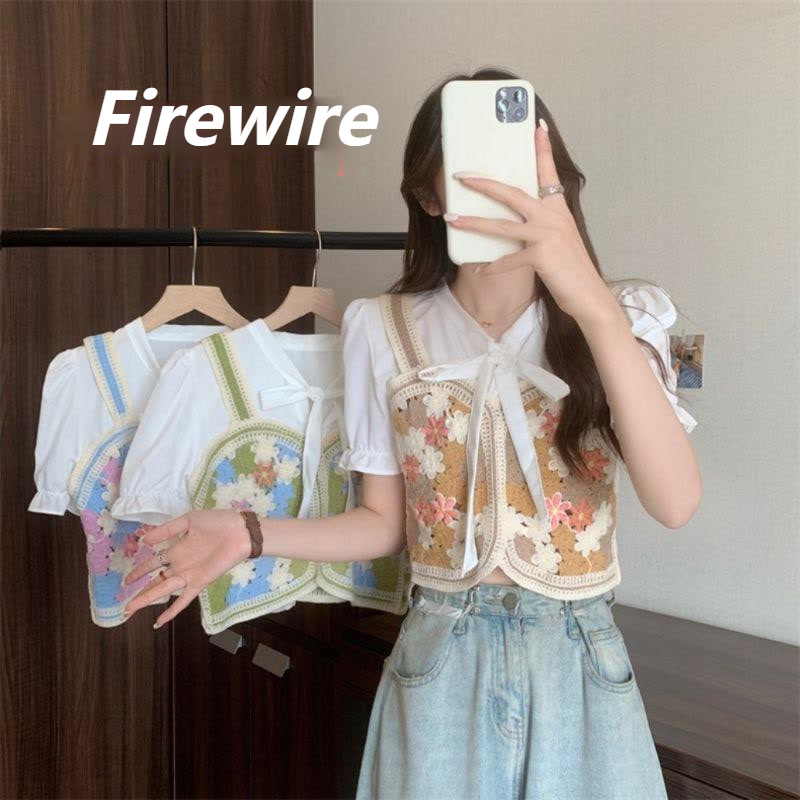 Firewire🔥พร้อมส่ง🔥รายละเอียดผูกที่คอเพื่อความสบาย เสื้อไหมแขนชีฟอง ครอปเรียบ ครอปแขนสั้น  (72028) -C