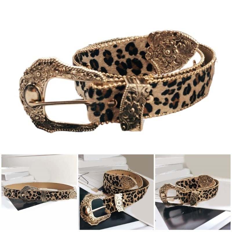 smile* Bead Trim Belt Aesthetic Buckles Leopard Print Belt Dress Decors Pants Jeans Belt