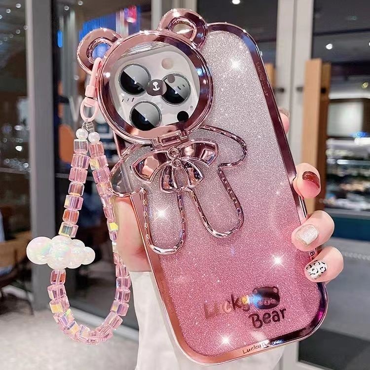 หมีน่ารักเหมาะสําหรับ iPhone 16, 15, 14, 13, 12, 11 Pro Max iPhone X/XS/XR/XSMAX/7/8 Plus Cloud Crystal Hanging Gradient Pink Lens Cover Bracket