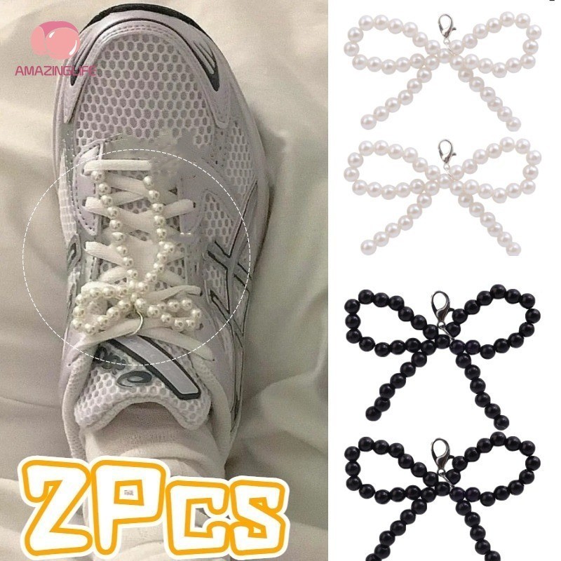 1/2 ชิ้นแฟชั่นมุกริบบิ้นรองเท้าหัวเข็มขัด-หวานที่เรียบง่ายมุกกุทัณฑ์กําไลข้อเท้า-น่ารักลูกปัดจี้อุปกรณ์ตกแต่งรองเท้า