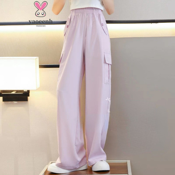 120-170ซม.สาวฤดูร้อนกระเป๋าขนาดใหญ่ทั้งสองด้านกางเกงขากว้างกลางเด็กใหญ่แฟชั่นผ้าไหมน้ําแข็งกางเกงกีฬาพร้อมสต็อกจัดส่งที่รวดเร็ว