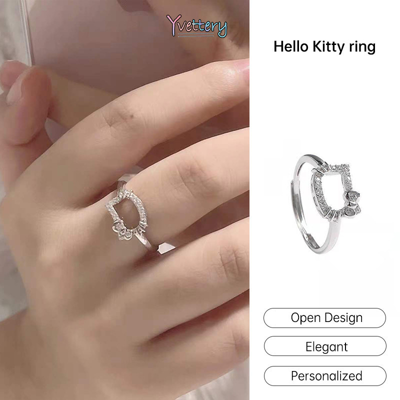 ร้านค้าไทย🔥แหวน Hello Kitty แหวนมือแมวฝังเพชรสไตล์ญี่ปุ่นการ์ตูนหวานน่ารักแหวนนิ้วผู้หญิงชุดเครื่องประดับ