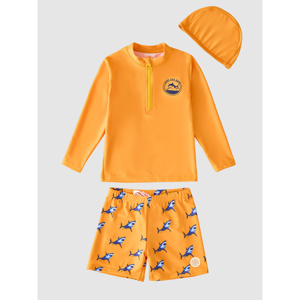 【3-9 years old】Kids Swimsuit Three Pieces Boys Long Sleeve Swimwear Orange Shark Swim Thunks HX406