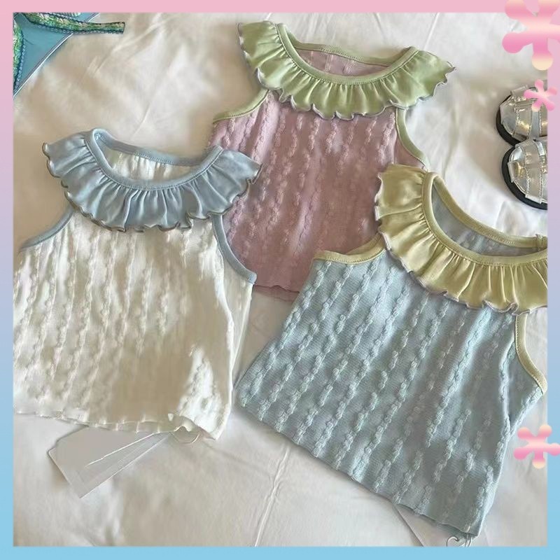 Children's Clothing Girls' Camisole Outer Wear Summer2024New Western Style Children's Dopamine Doll Collar Knitted Top