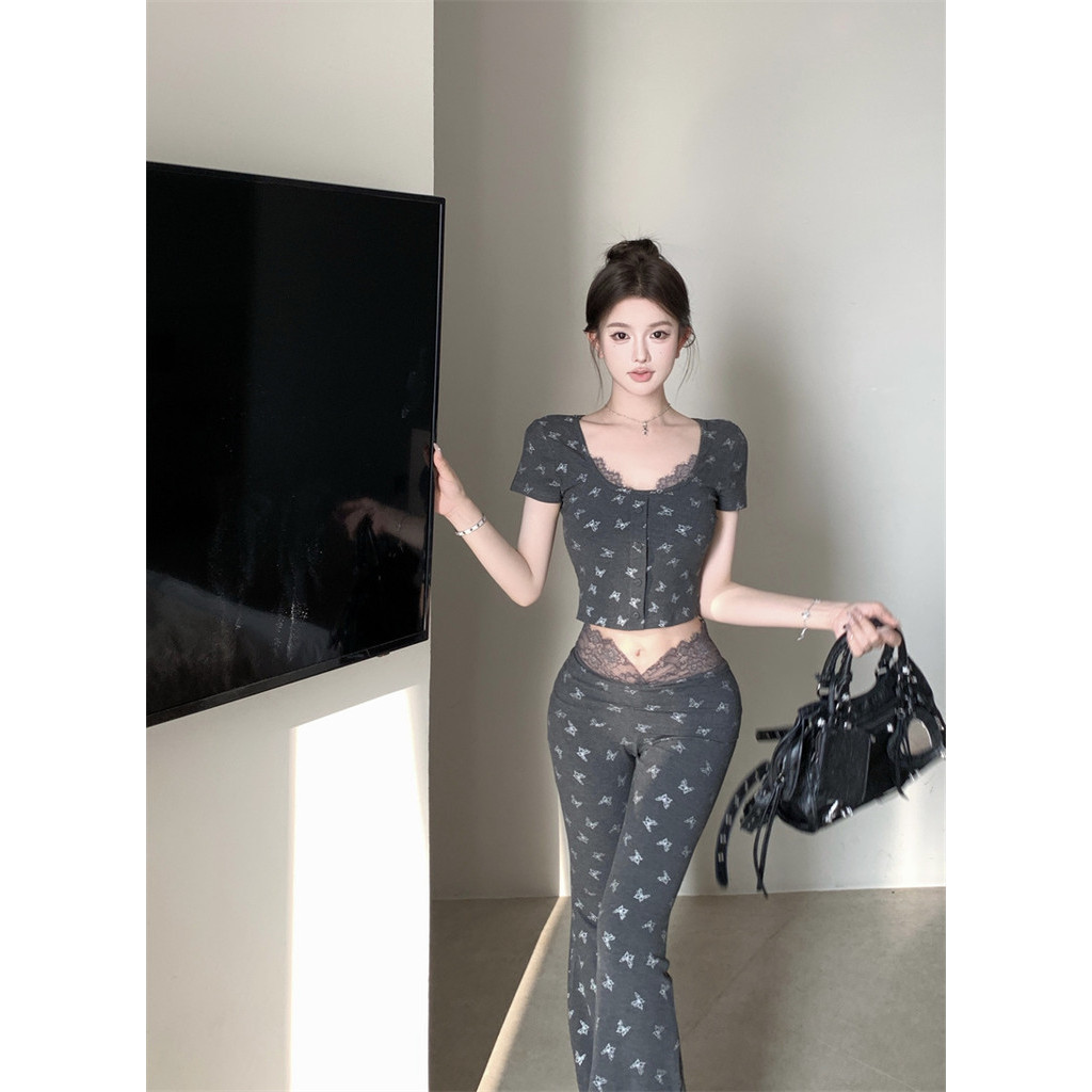 ไลย์น ใหม่สไตล์โชคดีผีเสื้อลูกไม้เย็บแขนสั้นเสื้อยืดกางเกงขากว้างสูทสั่งซื้อแยก~