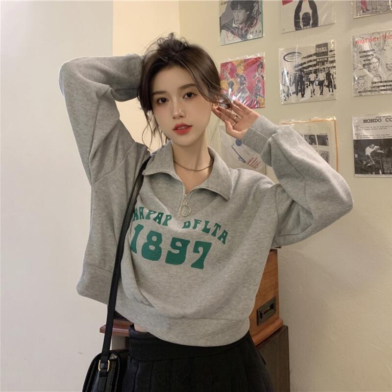 Solovely M-2XL สไตล์เกาหลี ครอป สเวตเตอร์ พิมพ์ลาย แขนยาว เสื้อ ซิปครึ่ง เสื้อสเวตเตอร์ผู้หญิง