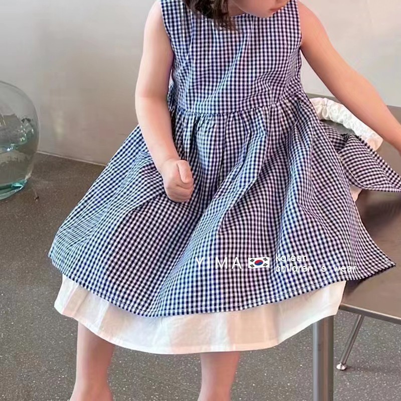 เวอร์ชั่นเกาหลีเสื้อผ้าเด็กฤดูร้อนสาวกระโปรงแฟชั่นลายสก๊อตสาวเด็กเสื้อกั๊กกระโปรงเด็กน่ารักชุด
