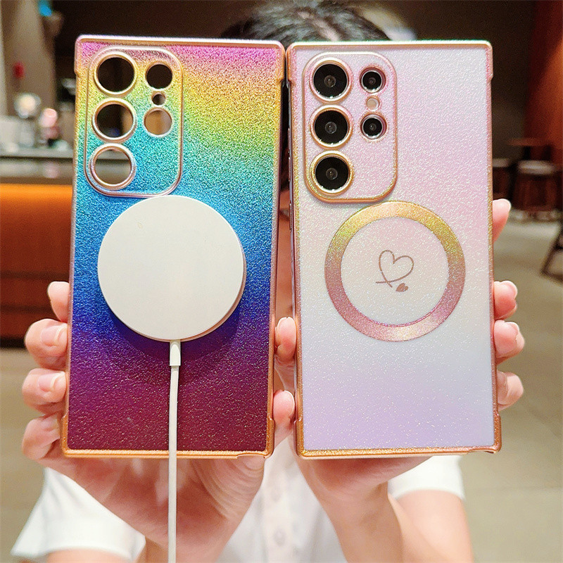 SAMSUNG หรูหราชุบเลเซอร์สีสันสดใสรักคู่แม่เหล็กชาร์จไร้สายเคสโทรศัพท์สําหรับsamsung S24 S23 S22 S21 Ultra Plus S23 S21 S20 FEกันกระแทกนุ่มปกหลัง