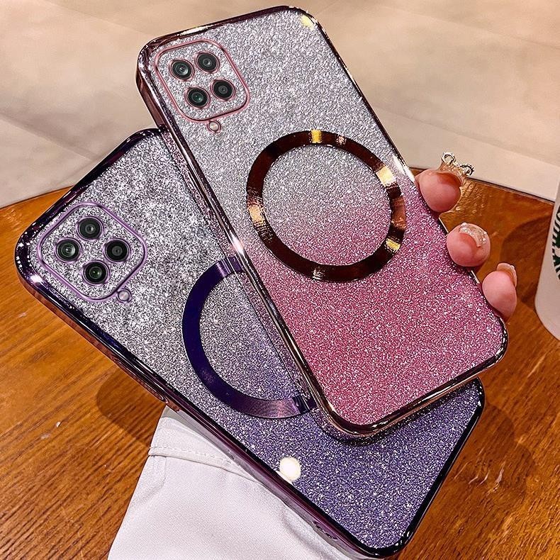 เคส Samsung A12 M12 A22 4G a22 5G M22 เคสกลิตเตอร์ชุบหรูหรา เคสโทรศัพท์กลิตเตอร์ชุบพร้อมแม่เหล็กดูดและเลนส์ป้องกันการตกสําหรับครอบคลุมเต็มรูปแบบ เคสโทรศัพท์ Samsung A12 M12 A22 4G a22 5G M22