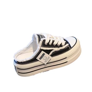 ผ้าใบ Baotou รองเท้าแตะครึ่งผู้หญิงสไตล์ใหม่หนา Soled สวมใส่ด้านนอกคนขี้เกียจไม่มีส้นด้านในเพิ่มความสูงสีขาว