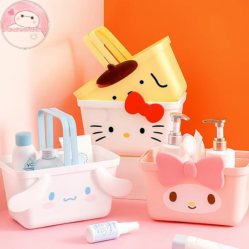 Bwhte Kawaii Sanrios ตะกร้าเก็บการ์ตูน Cinnamoroll Hello Kitty My Melody มือขนมขบเคี้ยวตะกร้าช้อปปิ้งอะนิเมะล้างตะกร้า.