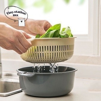 ตะกร้าล้างผักผลไม้ ตะกร้า 2 ชั้น สีเขียว มีรูระบายน้ำ กะละมังล้างผัก กะละมังสองชั้น