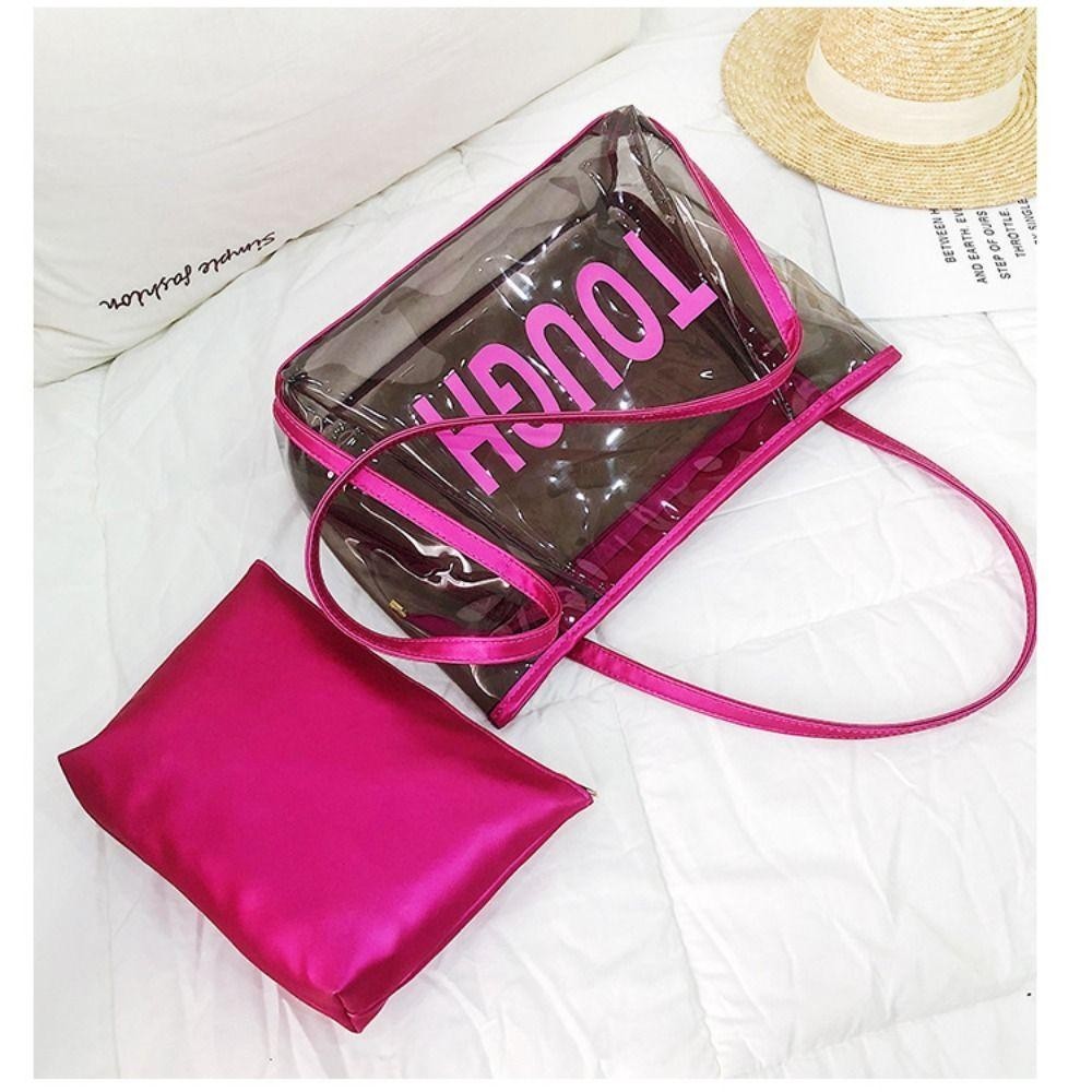 Yunhi กระเป๋าชายหาดฤดูร้อน, PVC พร้อมกระเป๋าแต่งหน้าผู้หญิงกระเป๋าสะพายไหล่, Casual สีทึบขนาดใหญ่ความจุซิปกระเป๋าเยลลี่ใส - รูปที่ 5