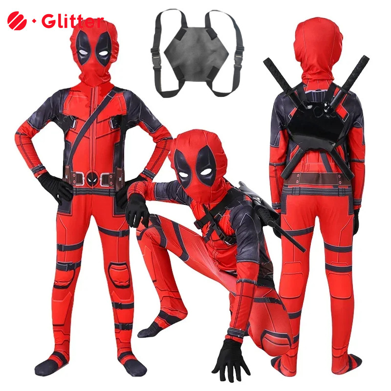 Marvel X-Men Deadpool คอสเพลย์เครื่องแต่งกาย Boy Men ฮาโลวีนซูเปอร์ฮีโร่บอดี้สูทพร้อมกระเป๋าหน้ากาก