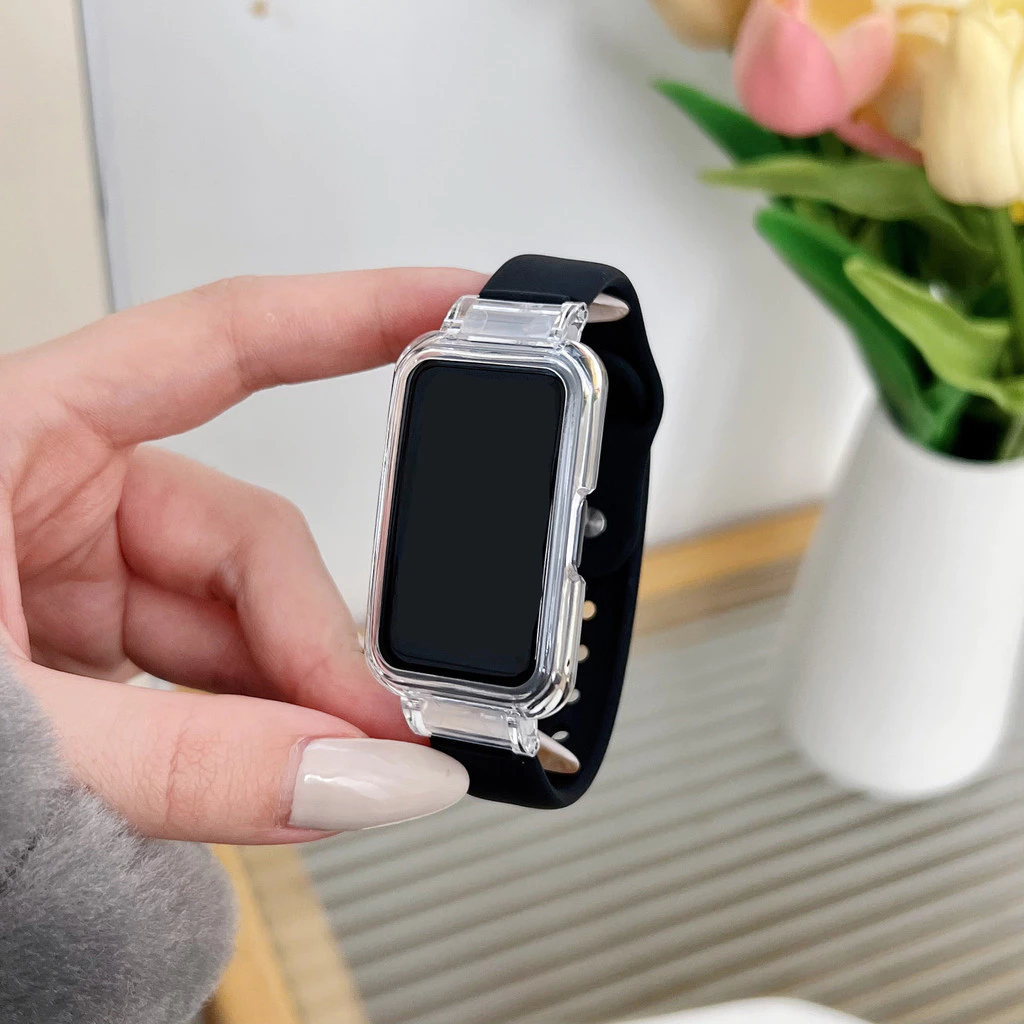 สายซิลิโคนพร้อมเคสสําหรับ For Samsung Galaxy Fit 3 สายนาฬิกาแฟชั่นสร้อยข้อมือแบบนุ่มสีทึบเปลี่ยนสายรัดข้อมือ