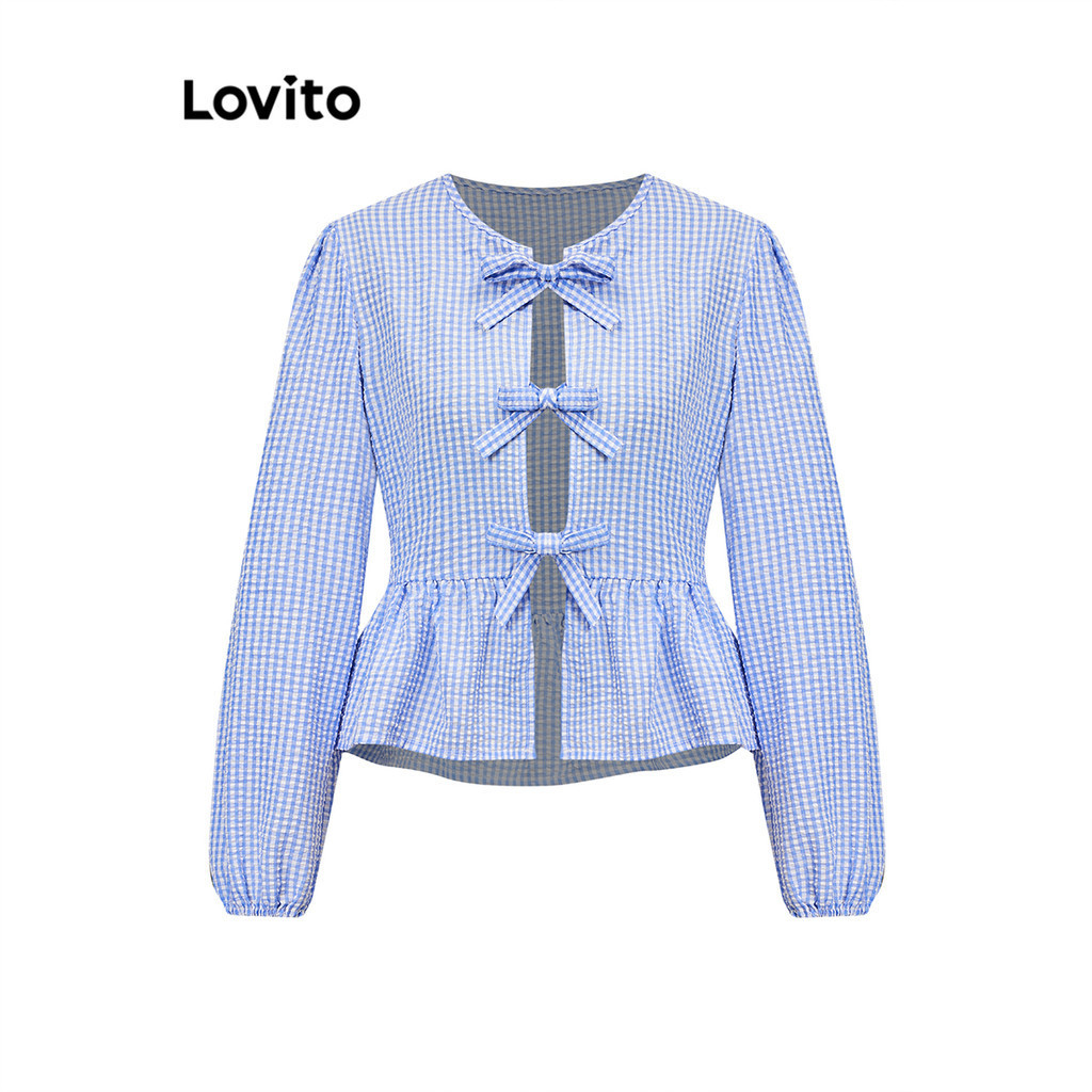 Lovito เสื้อเบลาส์ผู้หญิง ลายทาง แต่งโบว์ ชายแต่งระบาย ผ้ามีเท็กซ์เจอร์ สไตล์ลำลอง L93AD063