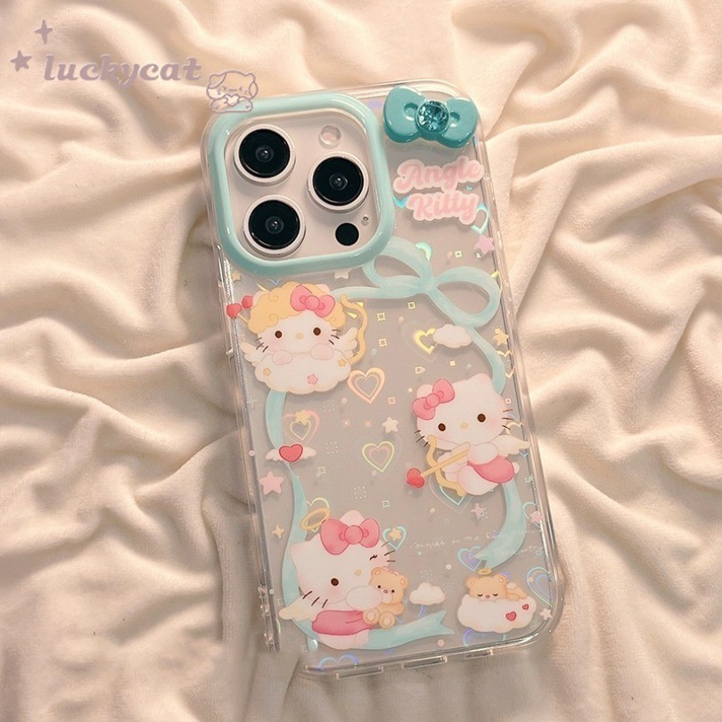 Iphone 15 14 13 12 11 Pro Max X Xr Xs Max 7 8 Plus SE2020 เคสโทรศัพท์น่ารักกามเทพ KT Cat Love Heart Blue Bow Clear Soft Phone Cover