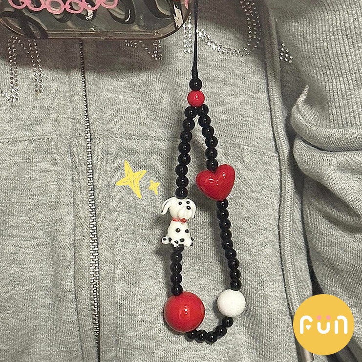 คุณภาพสูงน่ารัก Dalmatian สุนัข Red Love Heart ลูกปัด Handmade โทรศัพท์ Chain สายรัดข้อมือพวงกุญแจ Charm Chain String แขวนสายไฟกระเป๋าตกแต่งจี้ - รูปที่ 3