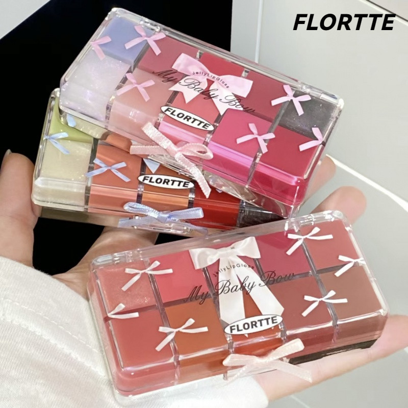 FLORTTE ลิปกลอส พาเลตต์ ลิปกลอสสิบสีเจ้าหญิง มอยส์เจอร์ไรเซอร์ ลิปสติกกระจกและลิปกลอส