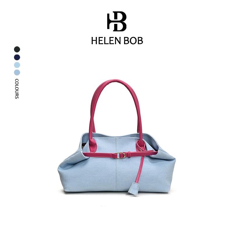 HelenBob กระเป๋าสะพายข้าง, กระเป๋าบอสตัน, สำหรับผู้หญิง, ขนาดเดียว, ดีไซน์เย็บฤดูใบไม้ผลิ, วัสดุผ้าเดนิม