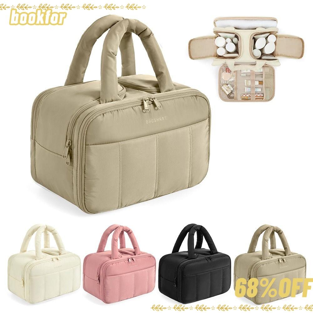 Bookfor กระเป๋าแต่งหน้าขนาดใหญ่,กระเป๋าใส่อุปกรณ์อาบน้ําสําหรับเดินทางพองสําหรับผู้หญิงอินเทรนด์น้ําหนักเบาพร้อมหูหิ้วกระเป๋าเครื่องสําอางสําหรับการเดินทาง,อุปกรณ์สํา