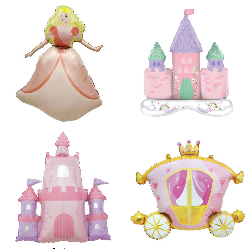 ปราสาทเจ้าหญิงรถม้ารูปร่างฟิล์มอลูมิเนียมบอลลูนเด็กพรรคพื้นหลังผนังตกแต่งสาววันเกิดแรกตกแต่งการจัดบอลลูน