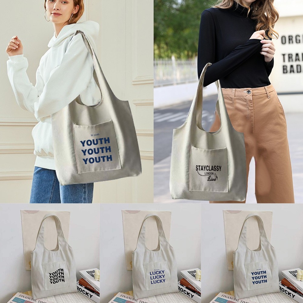 Shopping Canvas Vest Bag Tote Bag Women Canvas Shoulder Bag Letter Pattern Vest Bag Daily Grocery Ha