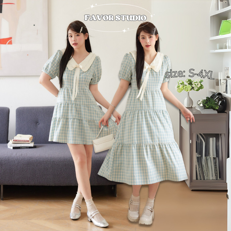 【EVIOVIO】💙S-4XL เดรสลายสก็อต สไตล์เกาหลี คอปกโบว์ ลุควินเทจหวานละมุน เดรสสาวอวบ พลัสไซซ์ ใส่ออกงาน