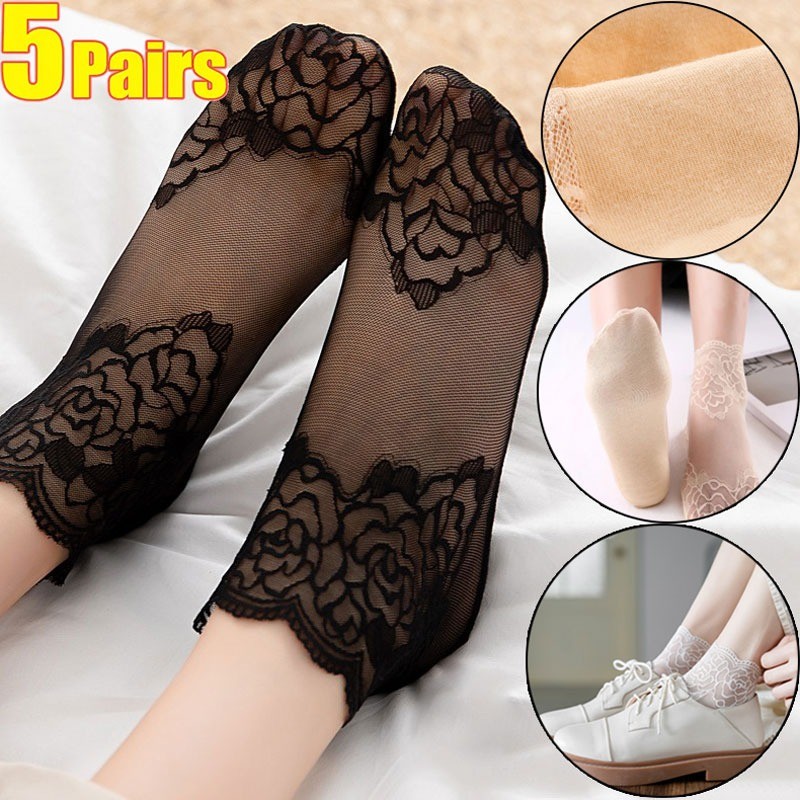 5คู่ผ้าฝ้ายคุณภาพสูงผู้หญิงลูกไม้ดอกไม้ถุงเท้าโปร่งใสฤดูร้อนดอกไม้เลดี้สาวถุงเท้าสั้นบาง