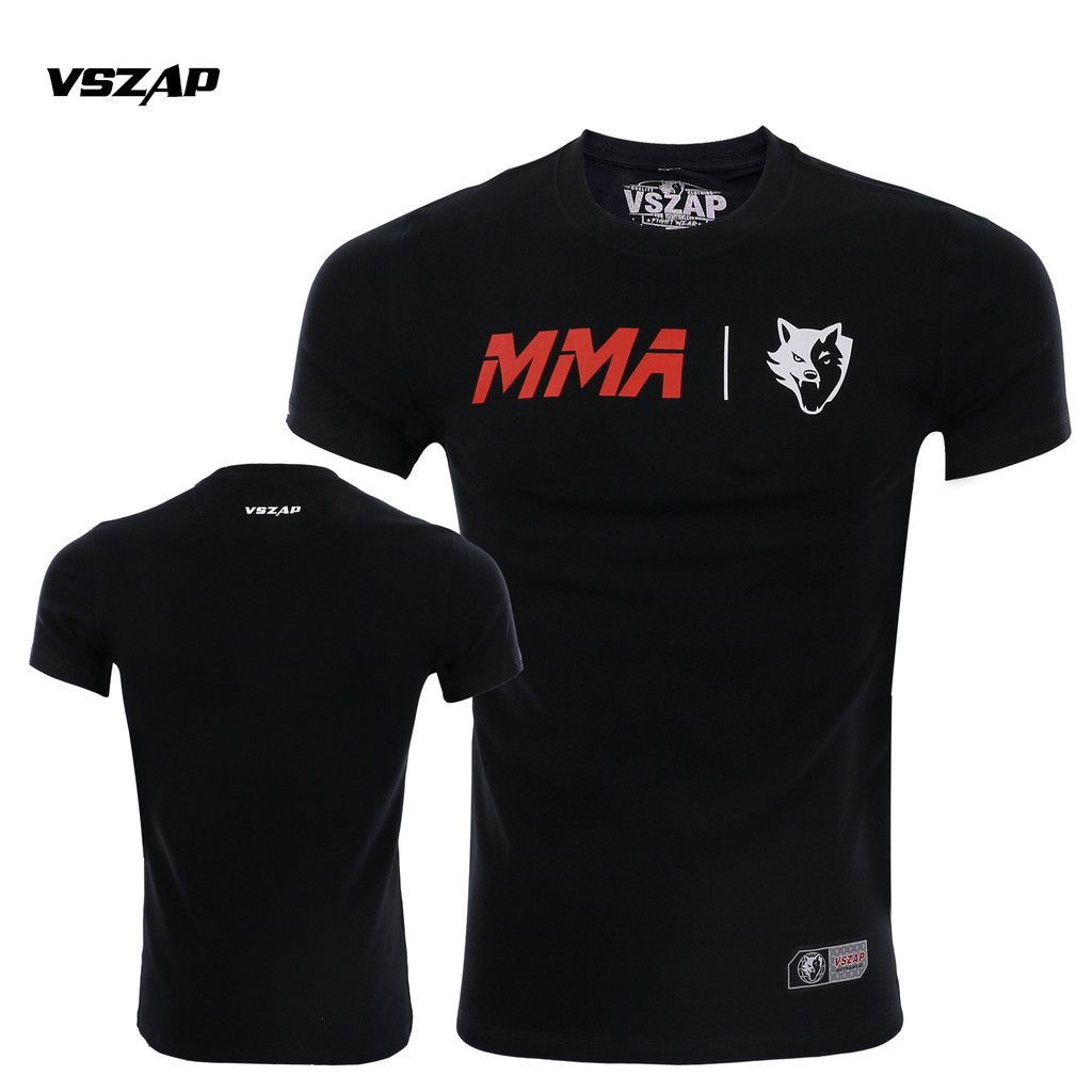 Vszap แบบบูรณาการต่อสู้ MMA ผ้าฝ้ายแท้กีฬาการฝึกอบรมต่อสู้ UFC เสื้อยืดแขนสั้นฟิตเนสชายการแข่งขันมวยไทยสูทผ้าCotton 100%