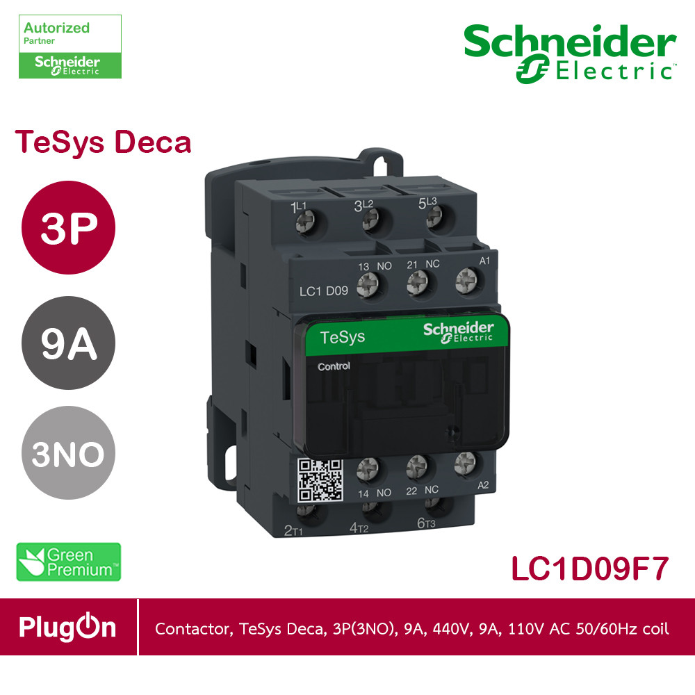 Schneider Electric Contactor TeSys Deca 3P(3NO) AC-3/AC-3e 440V 9A 110VAC 50/60Hz coil | LC1D09F7