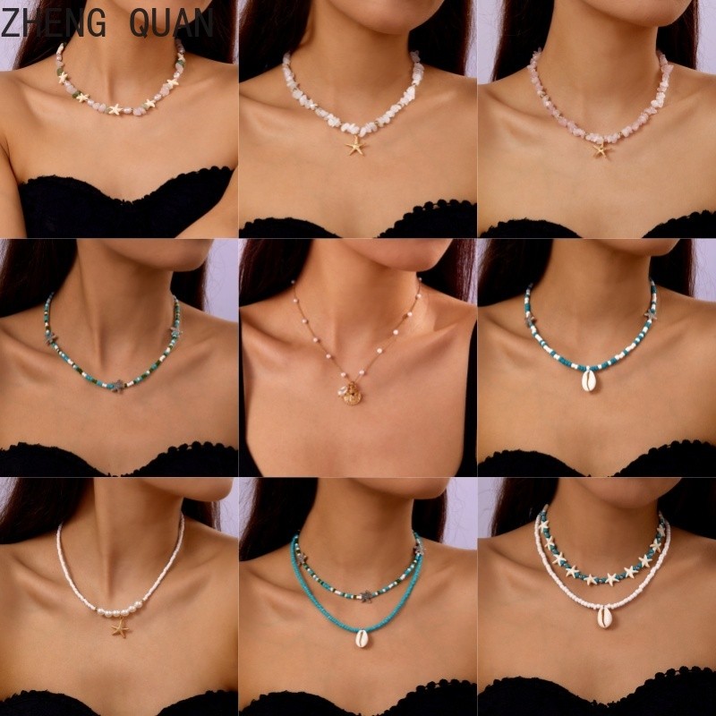 Handmade Sea Star Sea Turtle Shell สร้อยคอสีสันสังข์ปลาดาวลูกปัดสร้อยคอ Pearl Choker Fo ผู้หญิงชายหาดเครื่องประดับแฟชั่นวันหยุดของขวัญ Bohemian