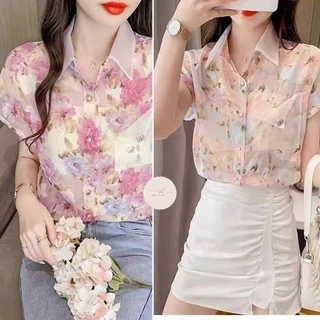 เสื้อเชิ้ตแขนสั้น ผ้าชีฟอง ลายดอกไม้ แนวแฟชั่นใหม่
