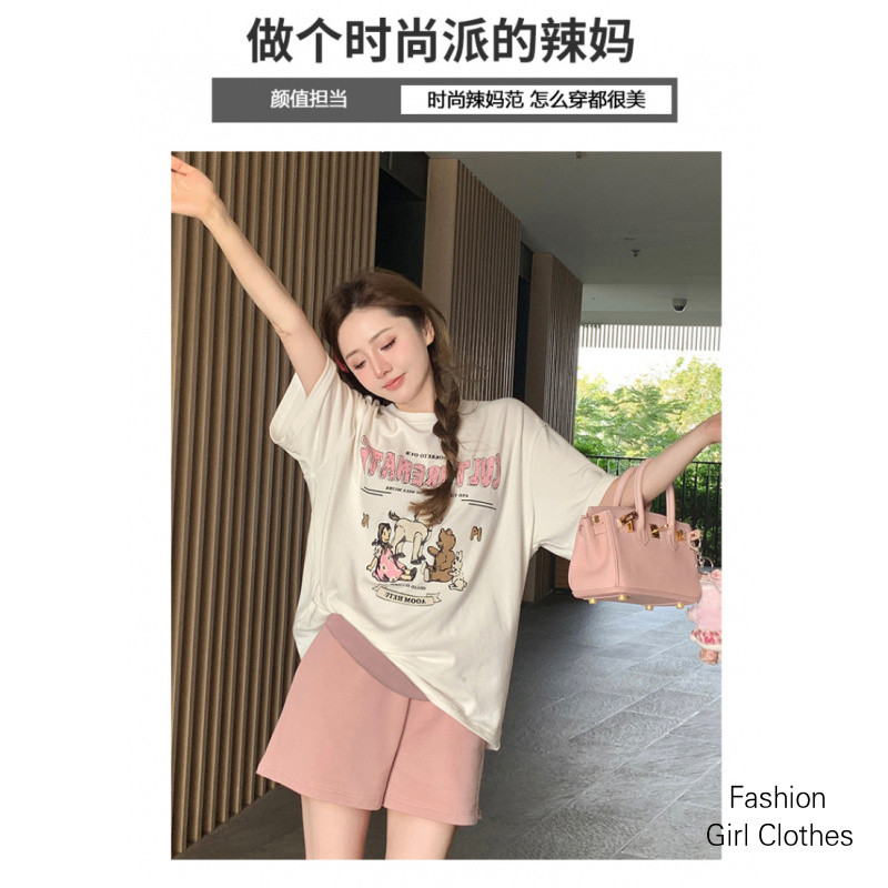 ฤดูร้อนคลอดบุตรชุดสองชิ้นคลอดบุตรด้านบน + กางเกงขาสั้นตั้งครรภ์ชุดขนาดเล็กหลวมบางแขนสั้นเสื้อคลอดบุตรผู้หญิง