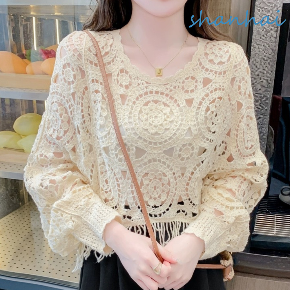 Shanhai พู่ถัก Hollow Out เสื้อแขนยาวลายดอกไม้ถักไหมพรมหลวมสไตล์ชาติพันธุ์ O-คอ Beach โครเชต์ Top Lady