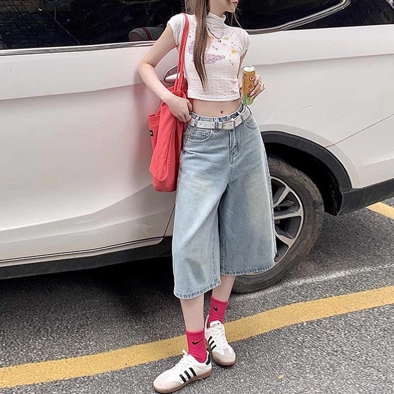 Korean กางเกงขากระบอก สไตล์วินเทจ 7 ส่วนทรงหลวม ขากว้าง ลายเฟดสวย กางเกงยีนส์อ่อน  050