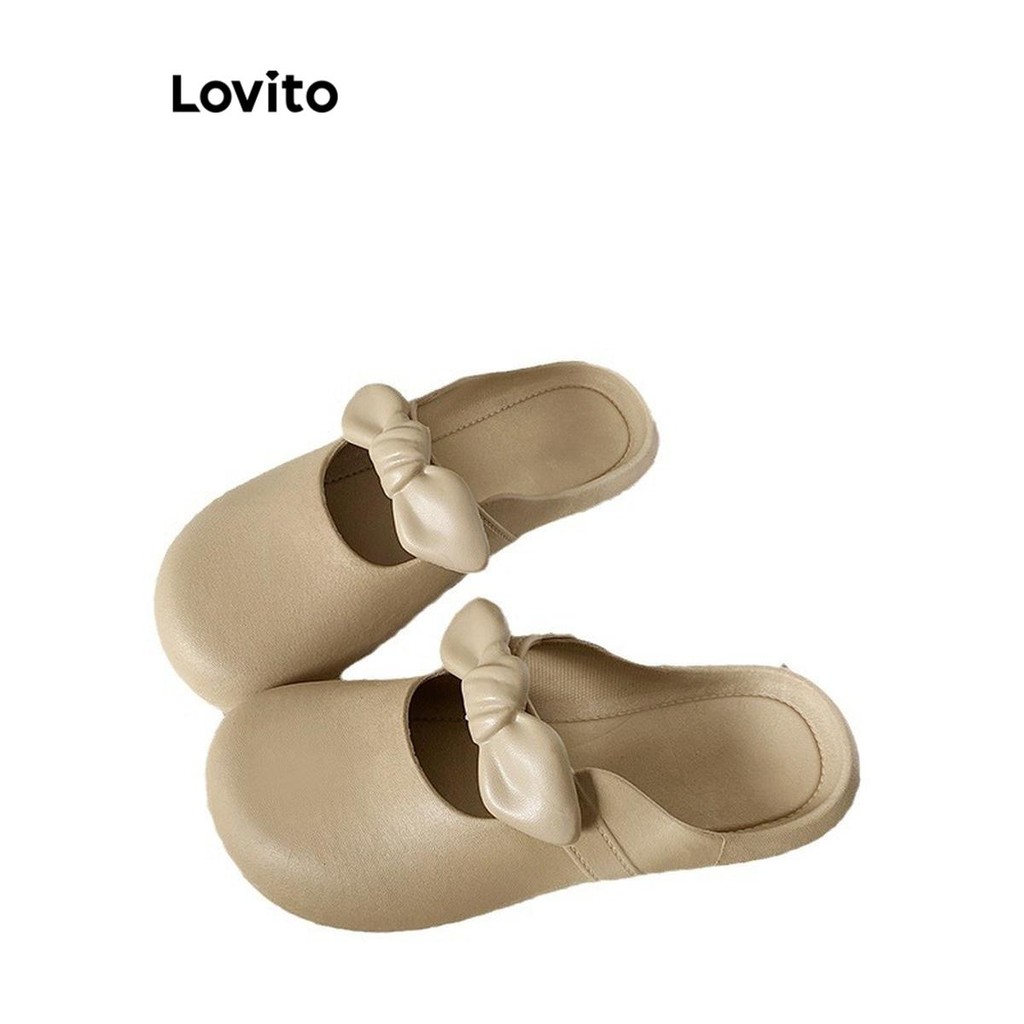 Lovito รองเท้าแตะผู้หญิง ส้นเตี้ย แต่งปม สีเรียบ สไตล์น่ารัก LFA28042