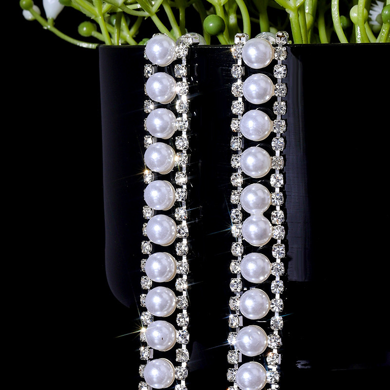 1 หลาสีขาวมุก พลอยเทียม ตัดริบบิ้นคริสตัลเงินมุกแบนโซ่เจ้าสาวชุดแต่งงานอุปกรณ์ตกแต่ง - รูปที่ 3