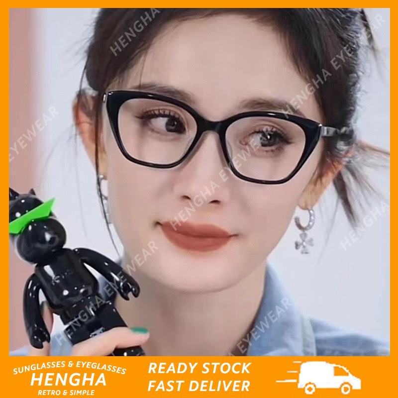 (HENGHA) Square Cat Eye กรอบเล็กสีดําแว่นกันแดดแฟชั่นคลาสสิกแนวโน้มย้อนยุคแว่นตาป้องกันแสงสีฟ้า