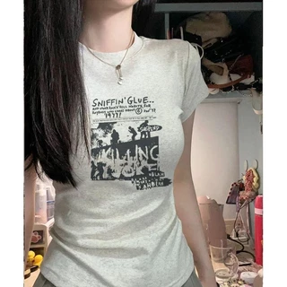 สไตล์ใหม่ของผู้หญิงเสื้อยืด ทรงสลิม แขนสั้น ทำจากผ้าฝ้าย พิมพ์ลายฤดูร้อนใหม่ ท๊อป