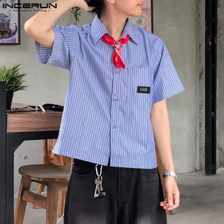 INCERUN เสื้อเชิ้ตพิมพ์ลายลายทางลําลองสไตล์เกาหลีสําหรับผู้ชาย (เนคไทไม่มี)