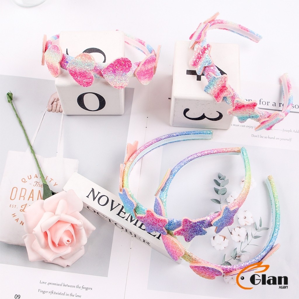 Glanxuan ที่คาดผมเด็ก น่ารัก มีกลิตเตอร์ สีสันสดใสหัวใจ Hair band