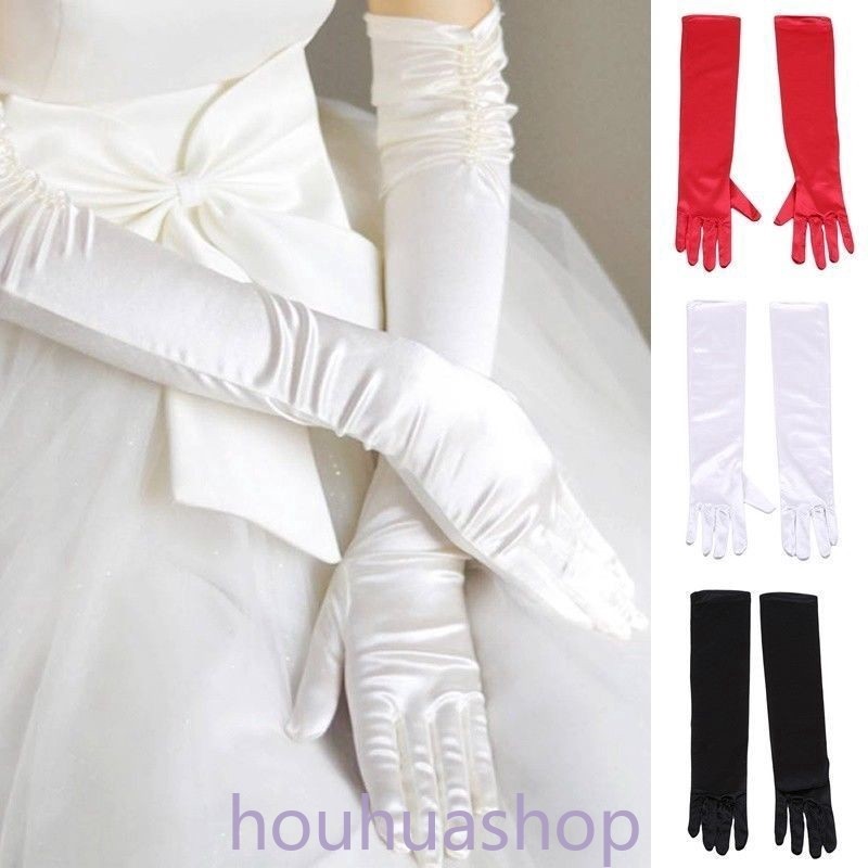 ถุงมือแต่งงานเจ้าสาว ผ้าซาติน สีแดง สีดํา และสีขาว หรูหรา 1 คู่