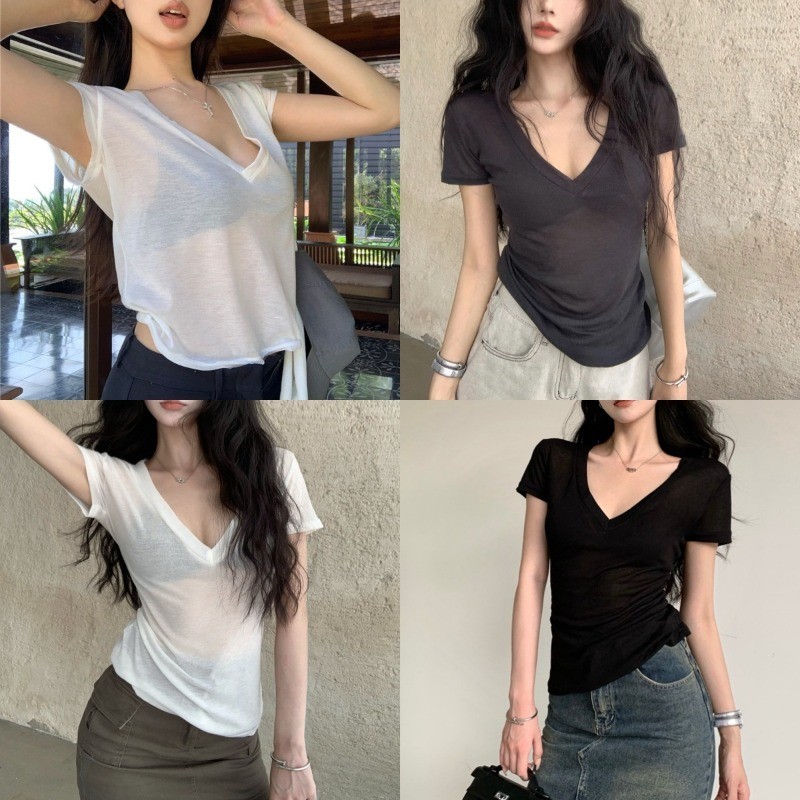 เสื้อยืดแขนสั้นเซ็กซี่ แบบบาง สีโปร่งใส แฟชั่นฤดูร้อน สําหรับผู้หญิง