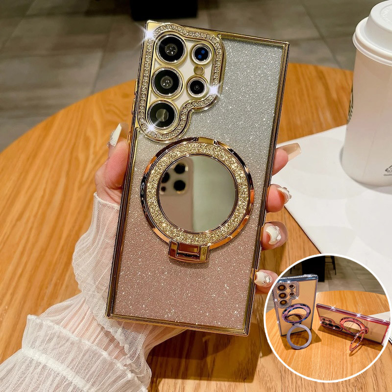 SAMSUNG หรูหราGlitterกระจกแหวนสําหรับSamsung S24 S25 FE S26 Ultra S23 S22 Ultra Plusไร้สายชาร์จเคสโทรศัพท์ฝาครอบชุบ