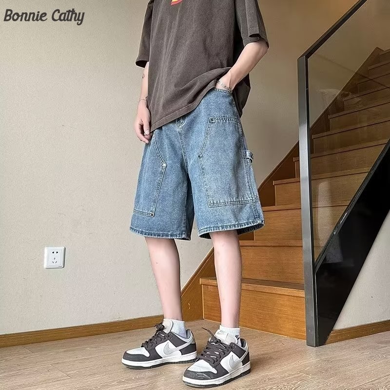 Bonnie Cathy กางเกงยีนขาสั้น ลําลอง ทรงหลวม ทรงตรง แบบบาง สไตล์อเมริกัน แฟชั่นฤดูร้อน สําหรับผู้ชาย