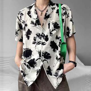เสื้อเชิ้ตแขนสั้นลําลอง ทรงหลวม ลายดอกไม้ เหมาะกับเดินชายหาด แฟชั่นฤดูร้อน สไตล์ฮาวาย เสื้อเชิ้ตผู้ชาย