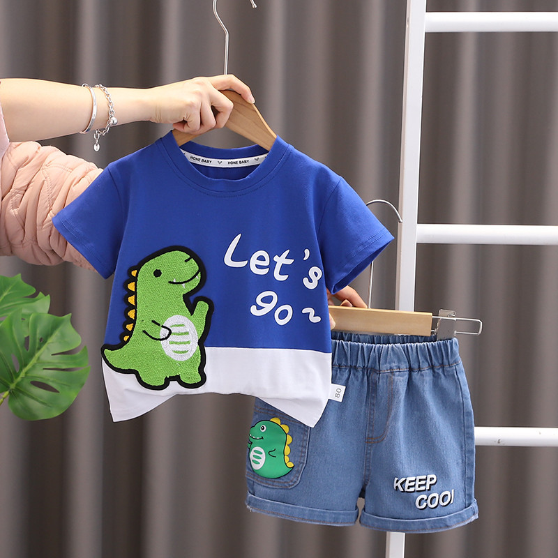 ชุดเสื้อยืด กางเกงขาสั้น ลายไดโนเสาร์ แฟชั่นฤดูร้อน สําหรับเด็กผู้ชาย 2 ชิ้น