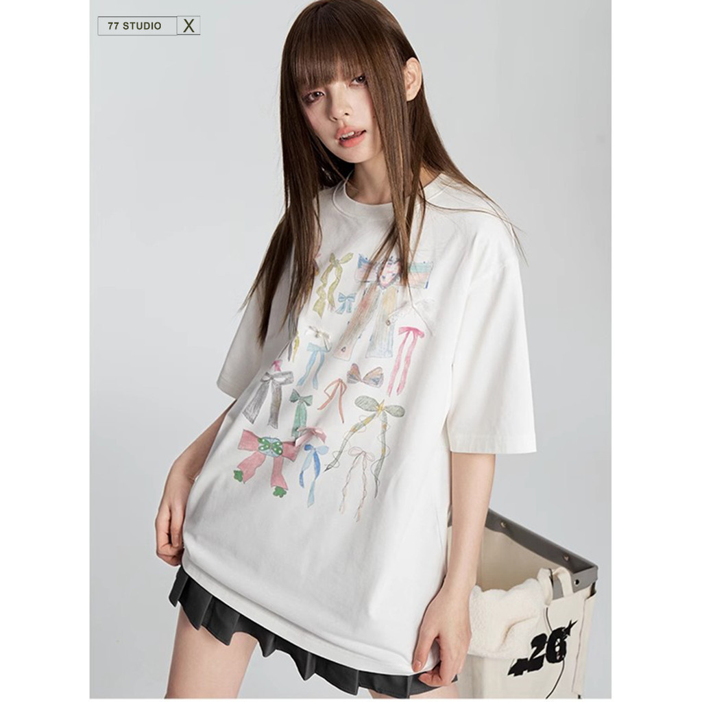 พร้อมส่งจากกรุงเทพ เสื้อยืดประดับโบว์เสื้อเชิ้ตลำลองเนื้อนุ่มใส่สบายระบายความร้อนดีเยี่ยม แฟชั่นฤดูร้อน oversize t-shirt