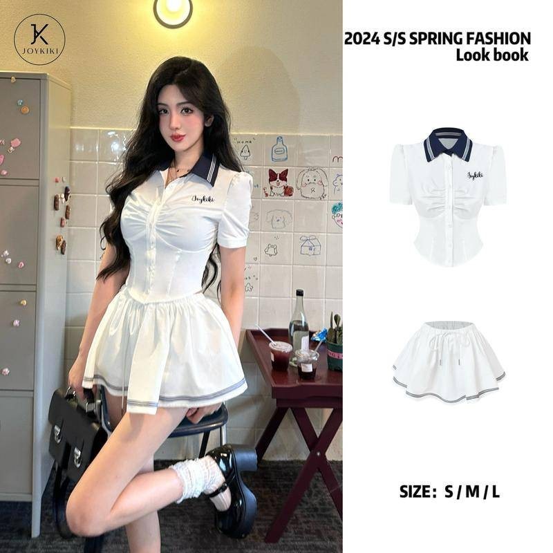 Xyzkuli Basic เสื้อเชิ้ตแขนสั้น สีตัดกัน เข้ากับทุกการแต่งกาย พร้อมกระโปรงทรงเอ สองชิ้น